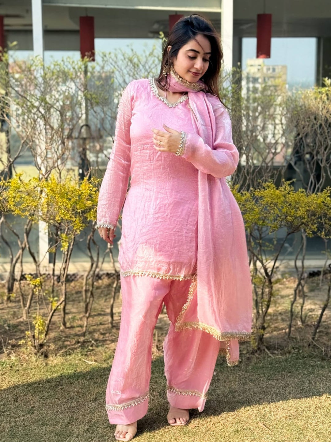 RE Premium Fendi Satin Designer Farsi Salwar Set with Real Mirror & Pearl Work