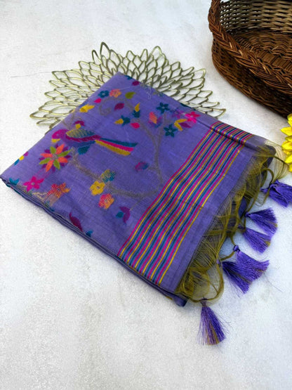 YNF Pure Muga Cotton Meenakari Weaving Saree with Floral Pallu and Contrast Blouse