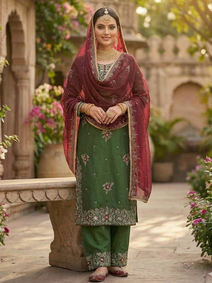 Women's Pure GMY Silk Heavy Sequence Embroidered Kurta Palazzo Set with Dupatta-RE