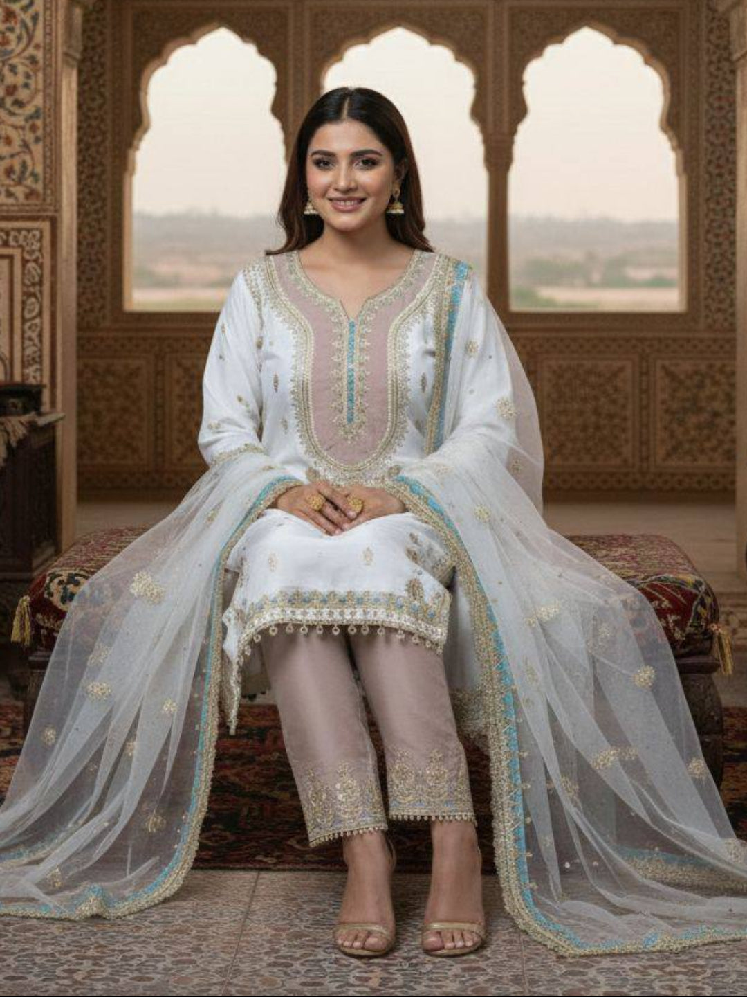 RE Crape Silk Sequence Embroidered Suit Set with Butterfly Net Dupatta