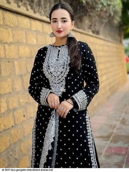 WT Women's Fully Stitched Fox Georgette Sharara Set with Sequence Embroidery