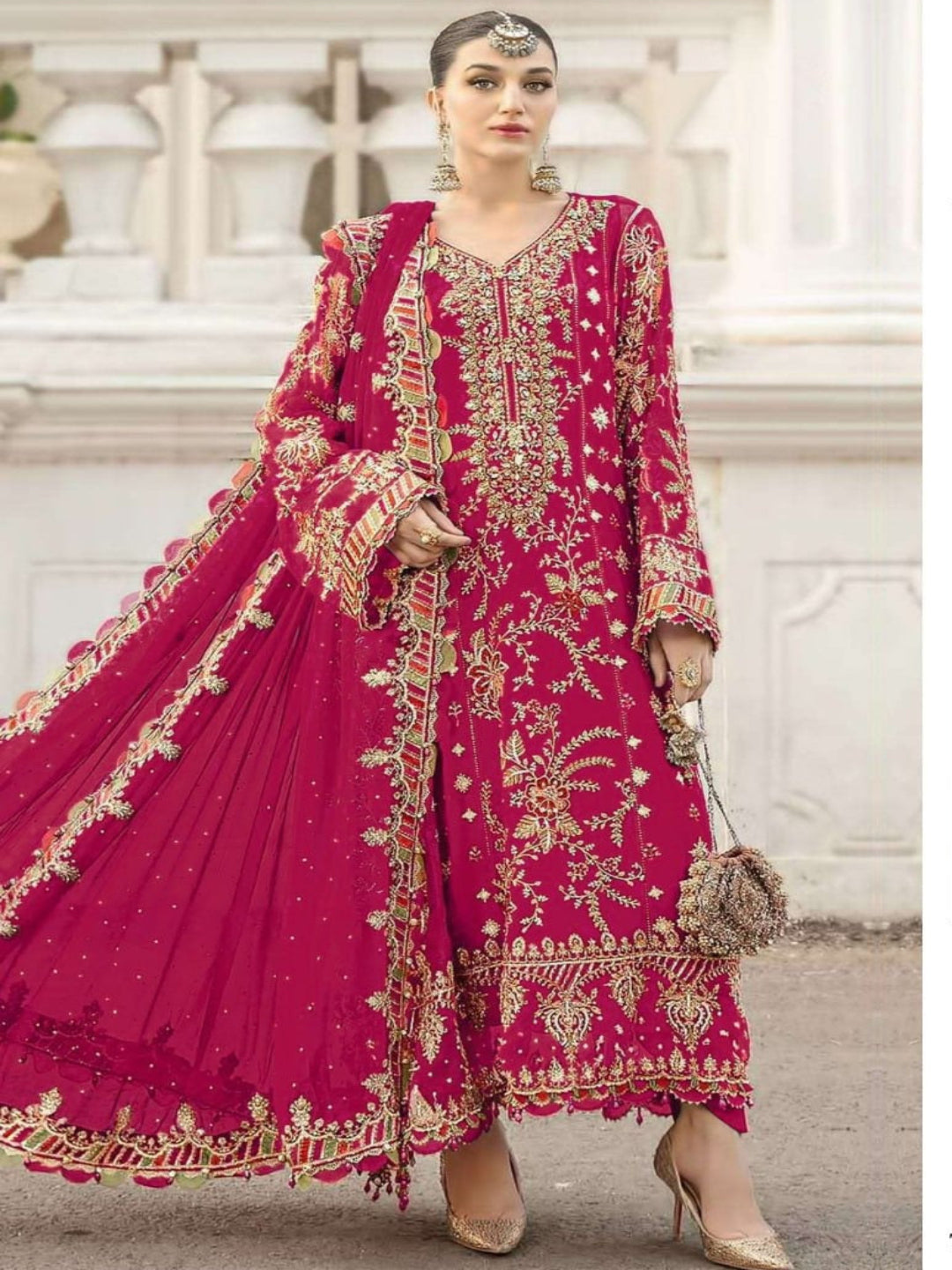 Women’s Chiffon Sequence Work Suit (XS to 5XL) with Khatli Neck Embroidery - RE