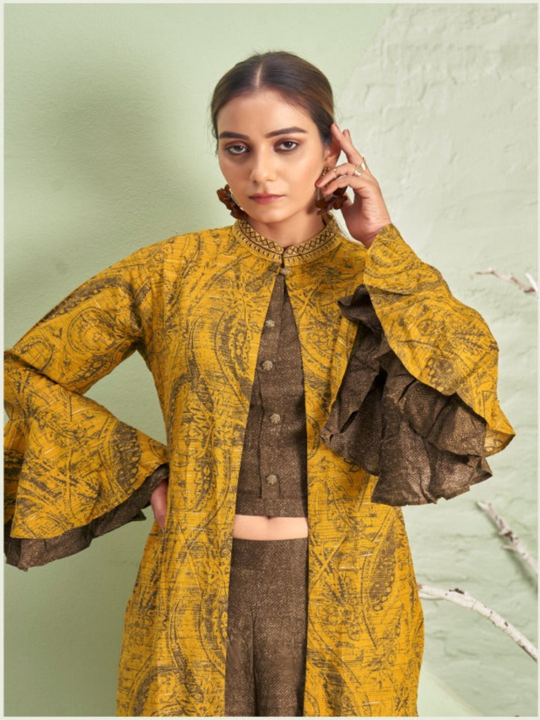 MV Women Floral Print Crop Top with Palazzo & Jacket Co-Ord Set -M-2XL