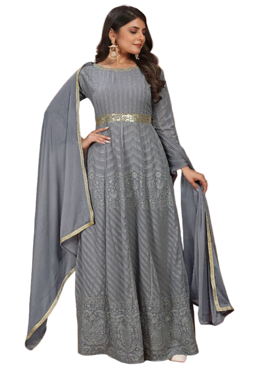 MV Premium Fox Georgette With Heavy Embroidery Work Gown & Dupatta