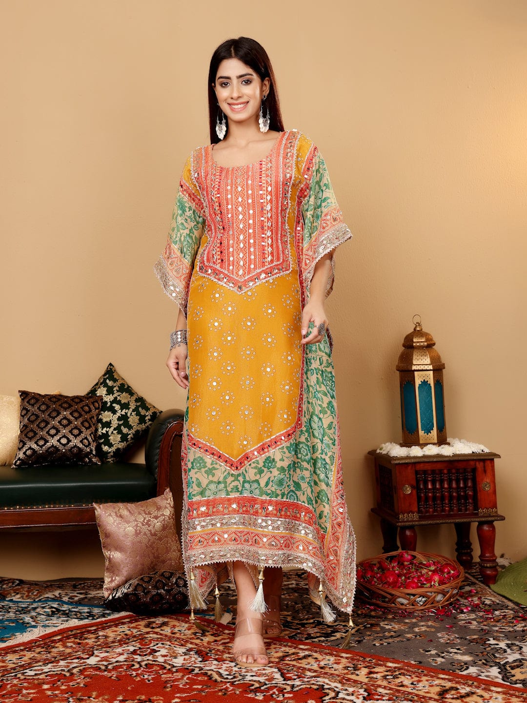 KF Colored Pure Silk Gotta And Mirror Embellished Kaftan With Tulip Pants