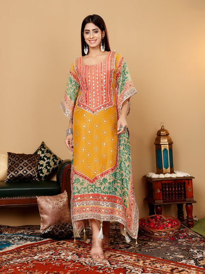 KF Colored Pure Silk Gotta And Mirror Embellished Kaftan With Tulip Pants
