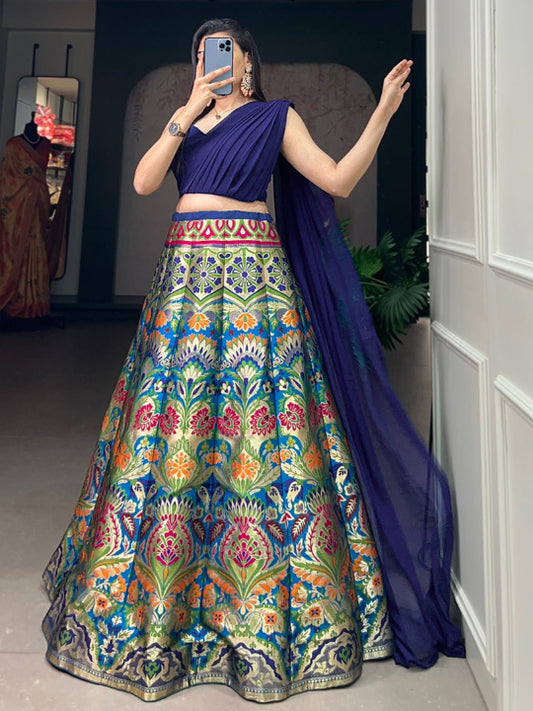 ES Banarsi Silk Lehenga, Blouse & Dupatta With Zari Weaving Work