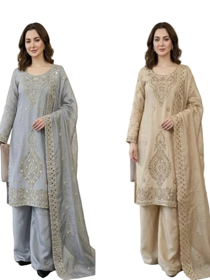 Women’s Jimmy Choo Silk Embroidered Top and Sharara Set with Sequence Cutwork Dupatta - RE