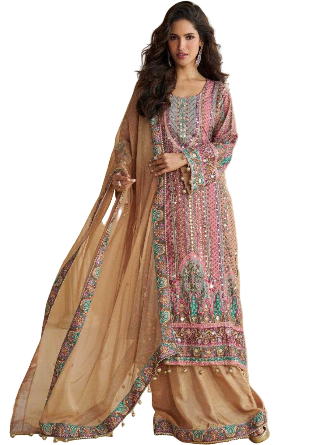 YNF Crepe Silk Suit Set | Printed Top Palazzo | Hand Aari Gota Patti Work