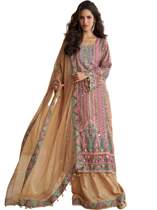 YNF Crepe Silk Suit Set | Printed Top Palazzo | Hand Aari Gota Patti Work