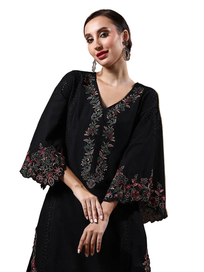 Varanga Women's Black Pure Cotton Embroidered Straight Kurta with Trousers