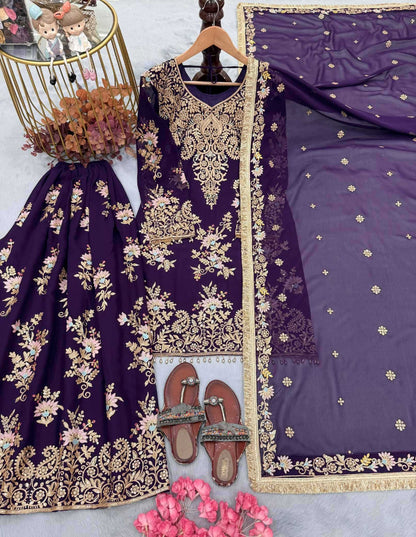YNF Designer Embroidered Faux Georgette Palazzo Suit Set with Heavy Sequence Work & Fancy Latkan Border