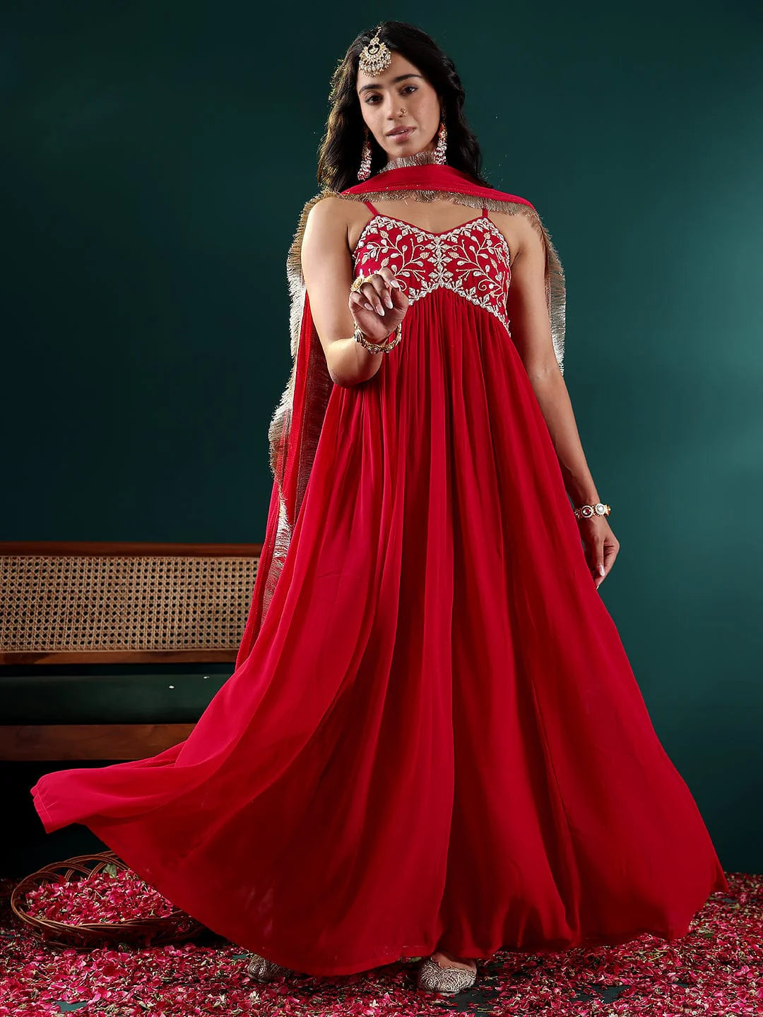 KF Women Fuchsia Embroidered Anarkali Strap Kurta Paired With Tonal Dupatta
