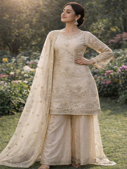 RE Designer Kundan Organza 3-Piece Kurti Set with Embroidery & Sequins