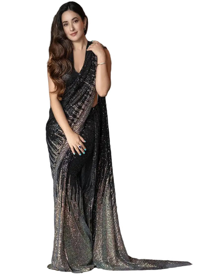 RE Premium Georgette Saree with All-Over Sequins Work & Piping Lace