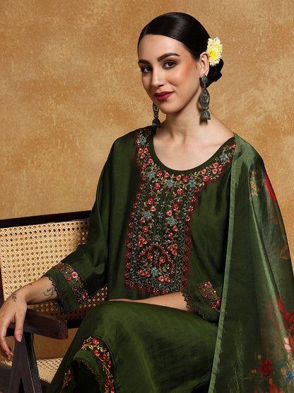 KF Women Floral Motif Thread Embroidered Yoke Kurta with Trouser & Dupatta
