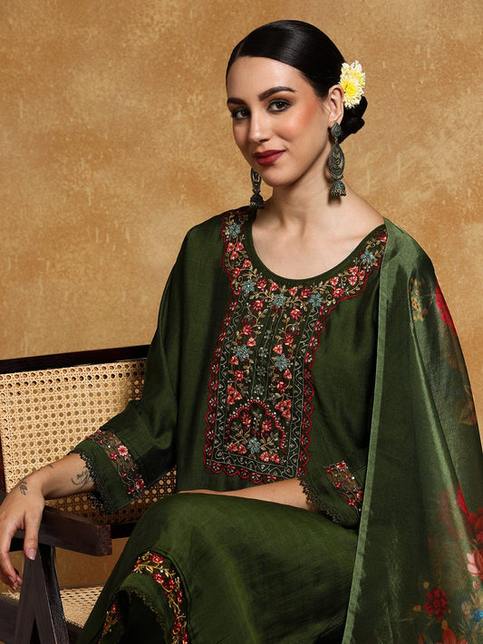KF Women Floral Motif Thread Embroidered Yoke Kurta with Trouser & Dupatta
