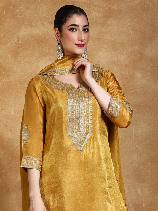 KF Zari Embroidered Yoke Kurta With Trousers And Dupatta