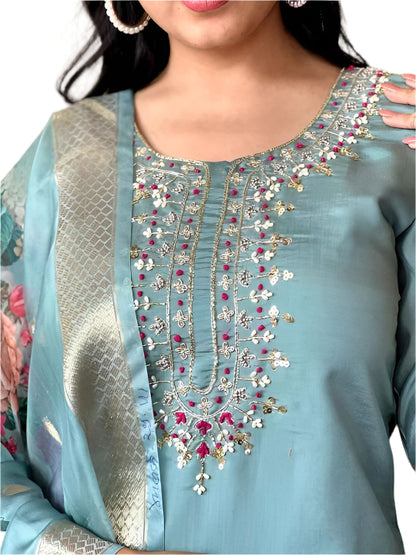 ICF Women Embroidery Chanderi Silk Kurta And Pant With Tissue Silk Dupatta