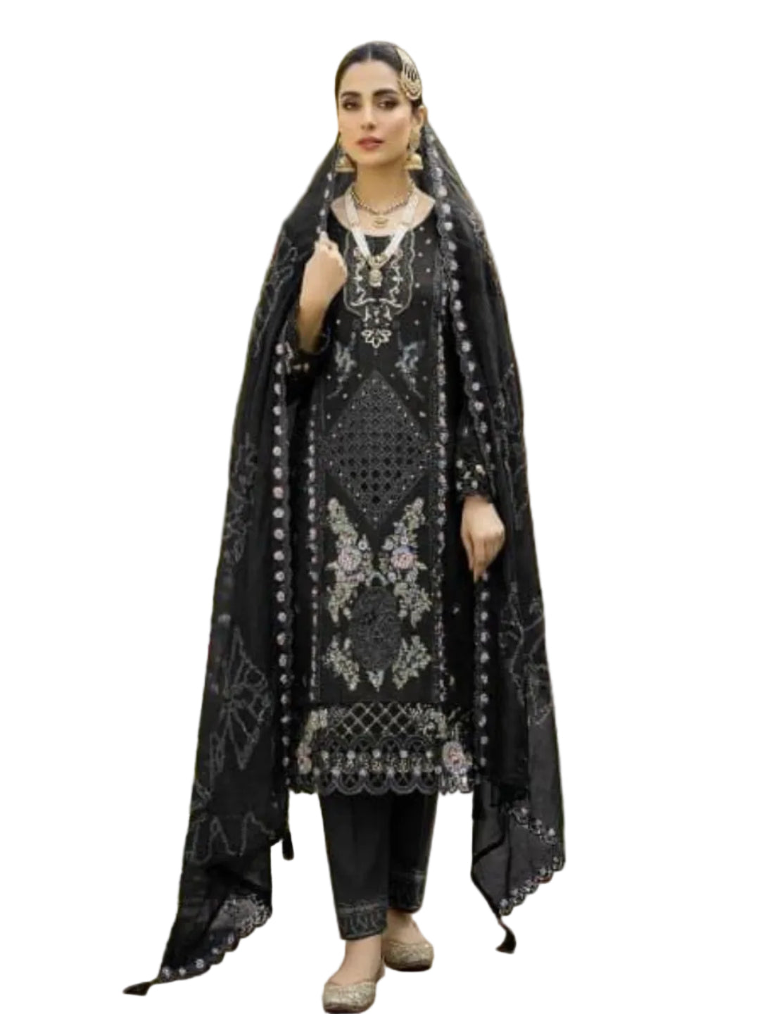 Women’s Heavy Chiffon Embroidered Suit with Hand Khatli Work and French Silk Bottom (XS-5XL)-RE