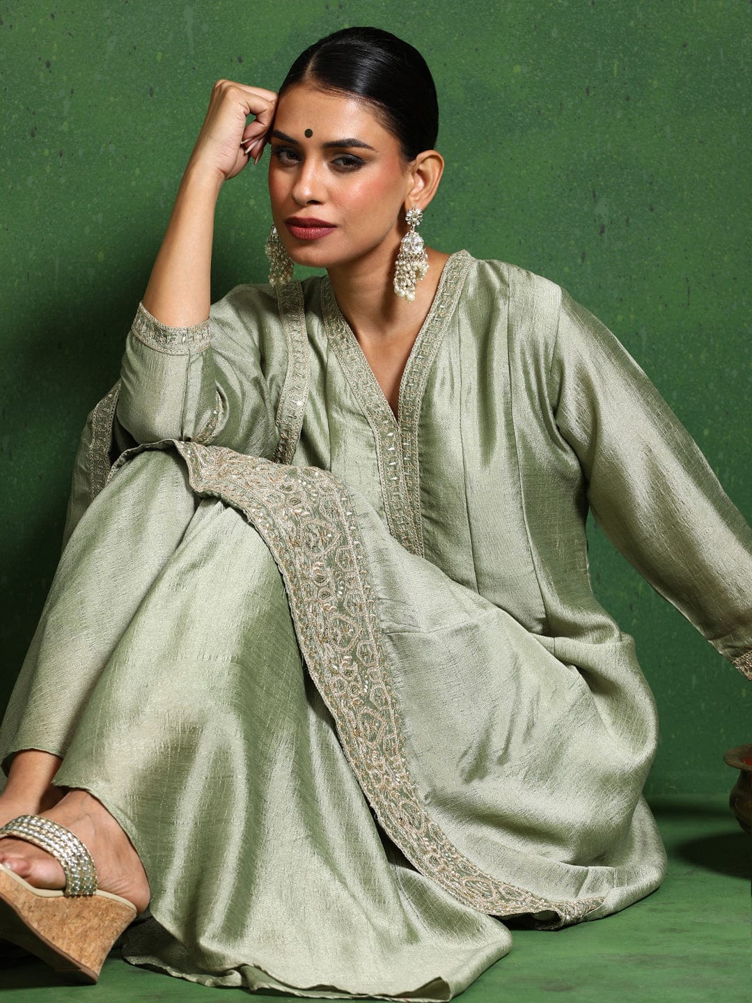 KF Women Zari & Sequin Embroidery Neck Flared Anarkali With Sharara And Dupatta