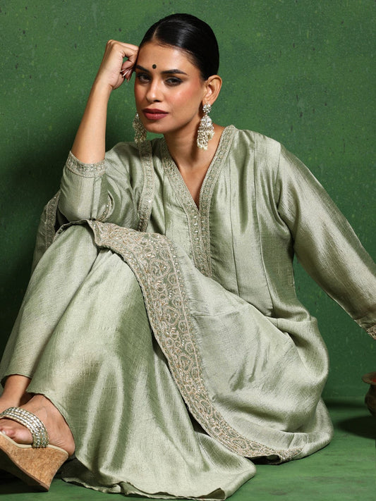 KF Women Zari & Sequin Embroidery Neck Flared Anarkali With Sharara And Dupatta