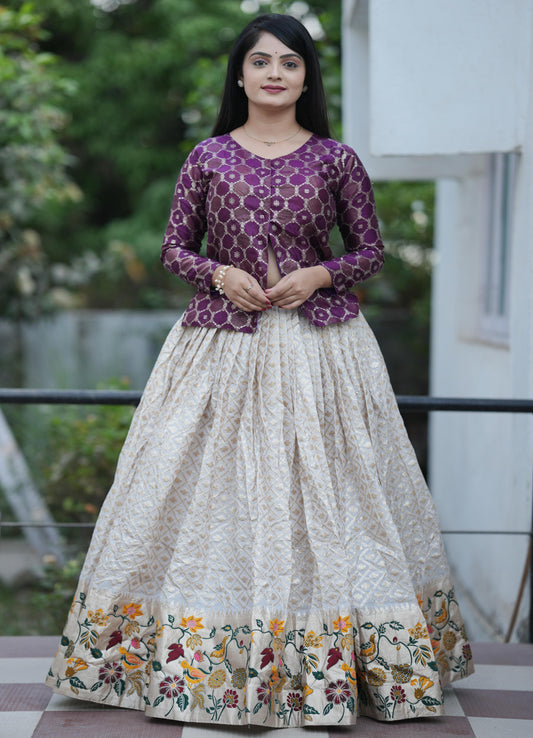 ES Fully stitched Jacquard Silk Lehenga with Paithani weaving, paired with Zari work Koti,