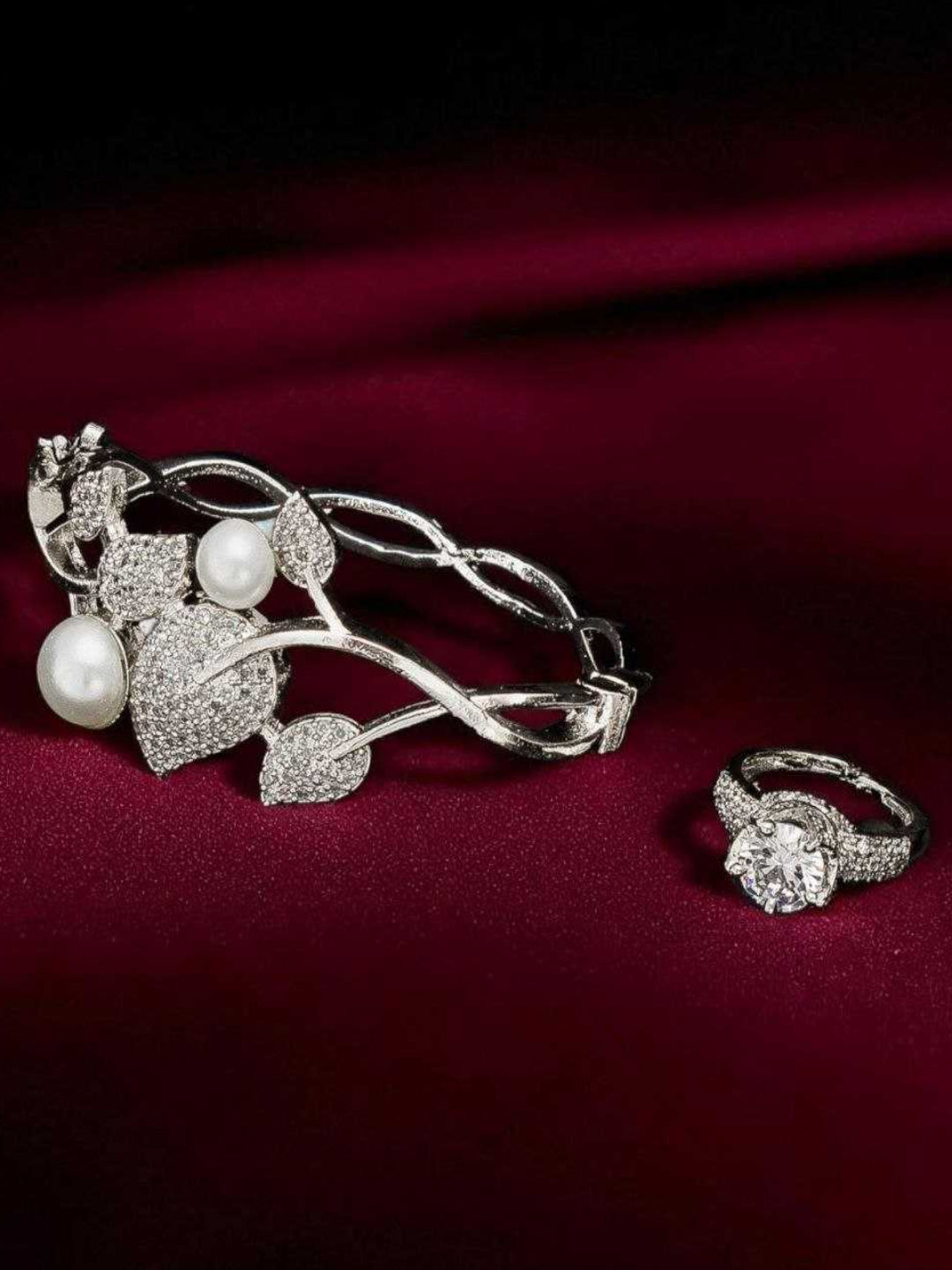 YNF Designer Silver-Plated AD Diamond Kada Bracelet with Matching Antique Ring Set