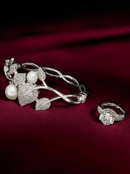 YNF Designer Silver-Plated AD Diamond Kada Bracelet with Matching Antique Ring Set