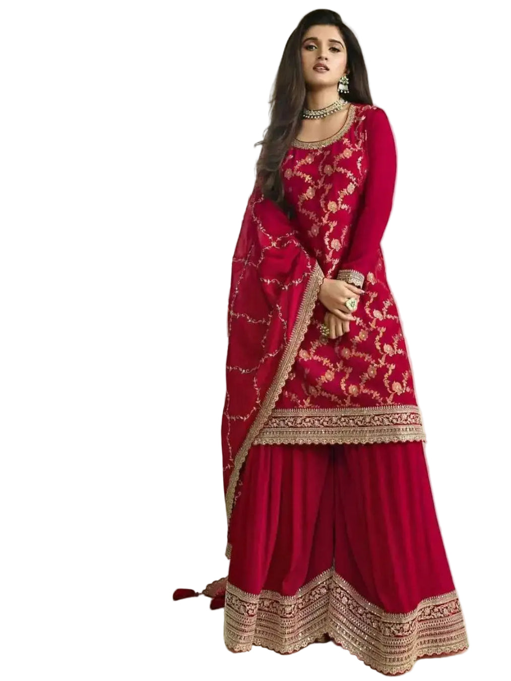 WT Women's Plus Size Heavy Blooming Chinon Jacquard Suit with Embroidered Plazzo