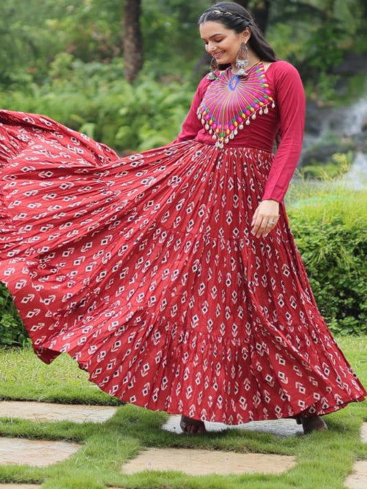 ES Maroon designer printed gown in heavy cotton with Kutchi