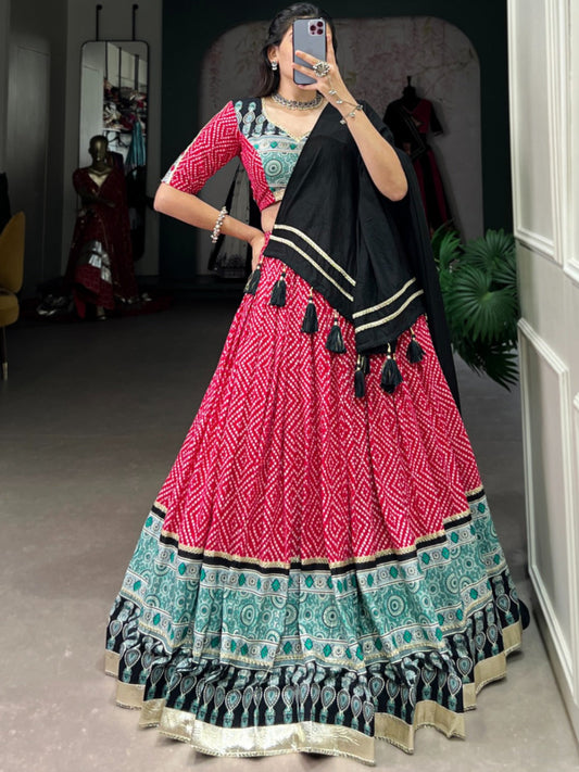 ES Ethnic Rayon Bandhej & Ajarakh Printed Lehenga Set - Stitched