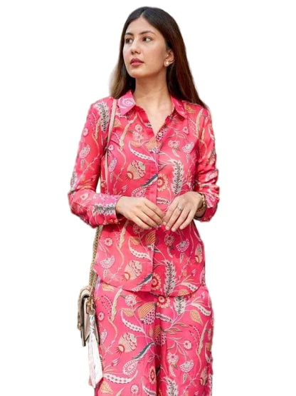 SS Pink Floral Print Cotton Blend Top & Bottom Co-ord Set With Pocket