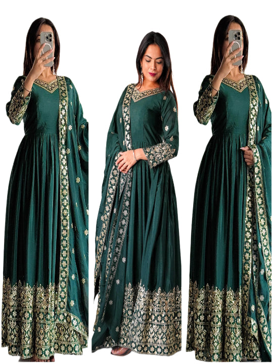 ES Pure Chinon Silk with Heavy Embroidery, Sequin Work, and Sleeves Fully Stitched