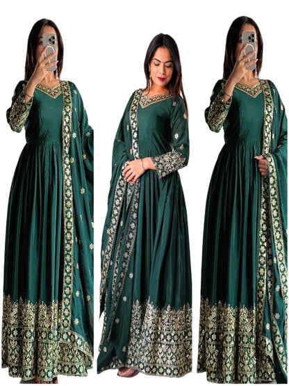 ES Pure Chinon Silk with Heavy Embroidery, Sequin Work, and Sleeves Fully Stitched