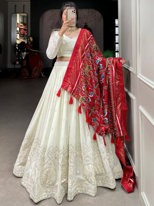 ES Georgette Stitched Lehenga, Blouse & Dupatta with Lucknowi Paper Mirror Work