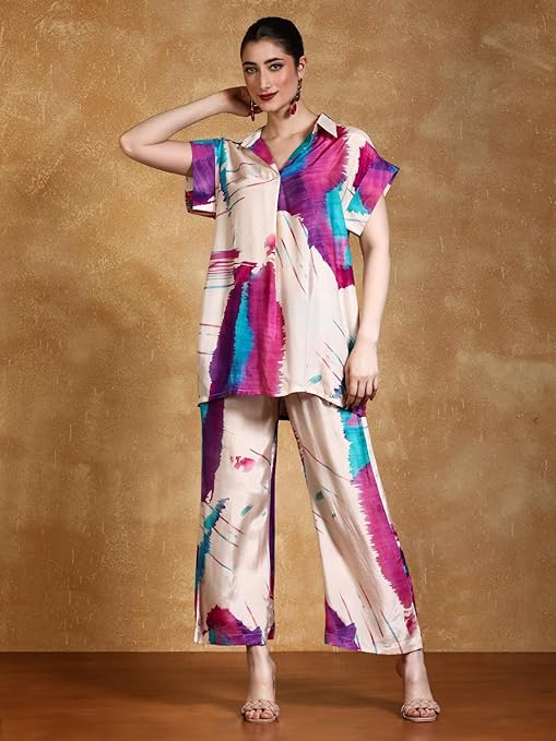 KF Abstract printed loose fit top with flared palazzo (Cord-Set)