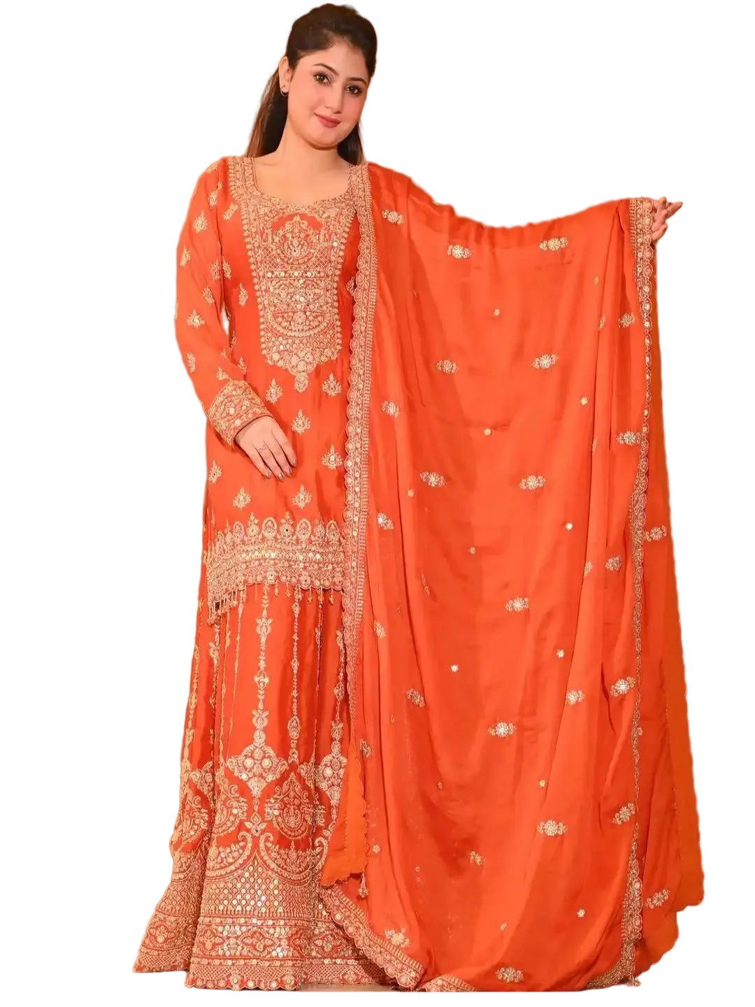 WT Women's Fully Stitched Heavy Chinon Silk Top & Plazzo Set with Embroidered Dupatta
