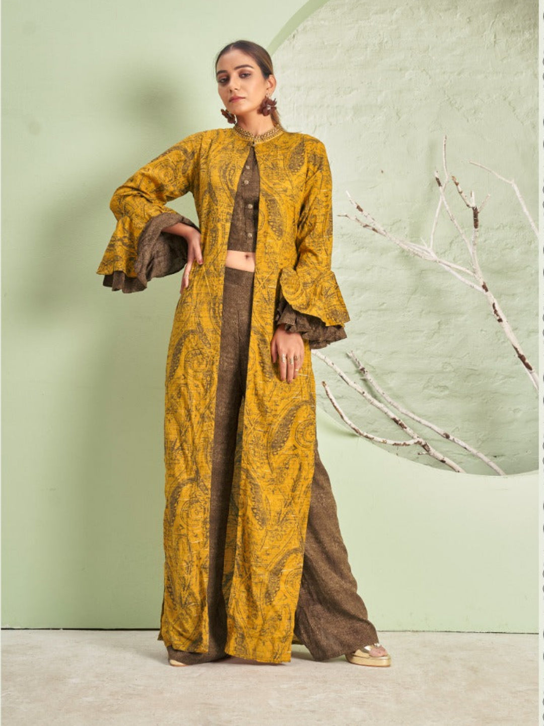 MV Women Floral Print Crop Top with Palazzo & Jacket Co-Ord Set -M-2XL