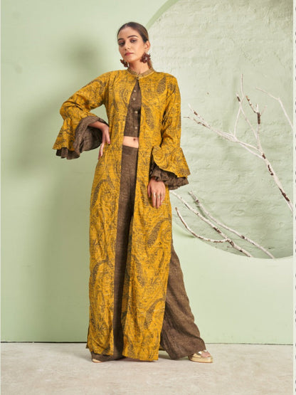 MV Women Floral Print Crop Top with Palazzo & Jacket Co-Ord Set -M-2XL