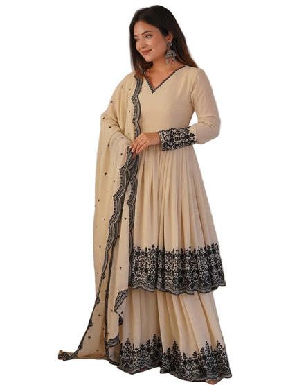 RE Women's Premium Faux Georgette Embroidered Palazzo Suit Set with 2.2m Dupatta