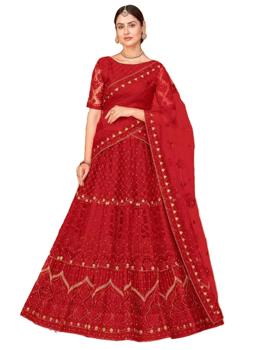 YNF Regal Red Net Lehenga Choli Set with Heavy Pearl & Embroidery Work