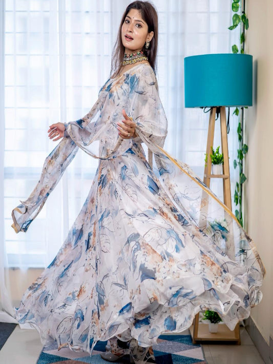 ES New Party Wear Organza Taby Silk Gown Set with Dupatta