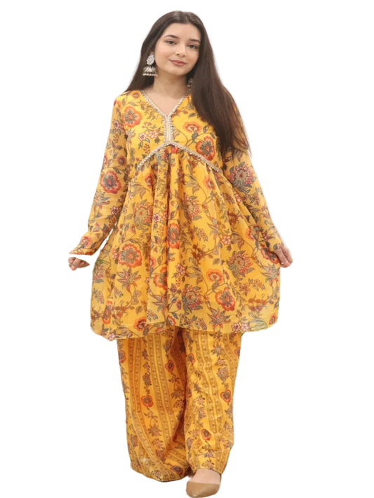 RE Women’s Mustard Yellow Floral Organza Silk Flared Kurti & Palazzo Set (2-Piece)