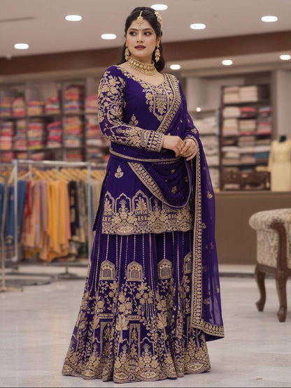 RE Zari & Sequin Work Georgette Kurti Set with 2.5m Flare Palazzo (M-3XL)