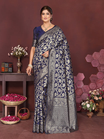 KF Blue Banarasi Silk Woven Design Kanjeevaram Saree