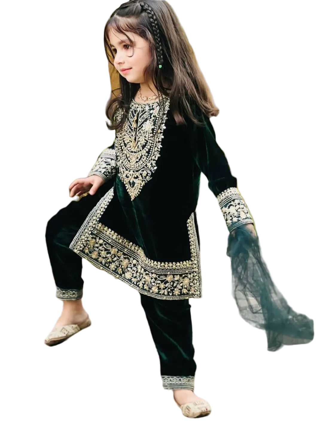 RE Girls' Heavy Viscose Velvet Embroidered Top & Bottom Set with Net Dupatta (3-15 Years)