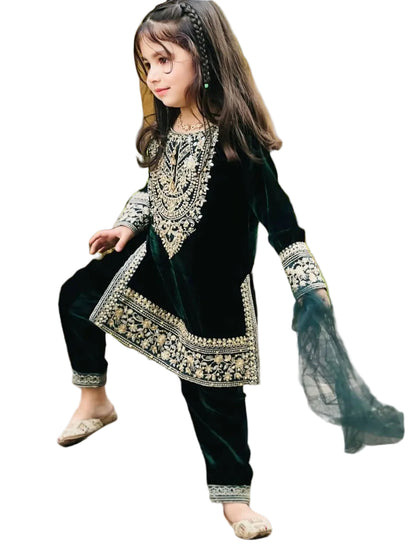 RE Girls' Heavy Viscose Velvet Embroidered Top & Bottom Set with Net Dupatta (3-15 Years)