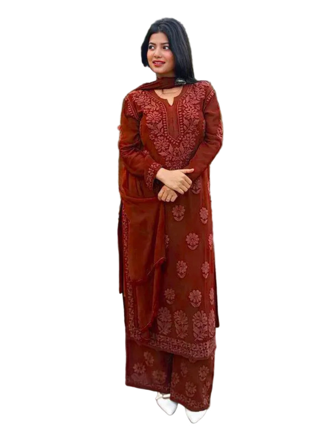 RE Designer Embroidered Georgette Kurti Palazzo Set with Lace Dupatta