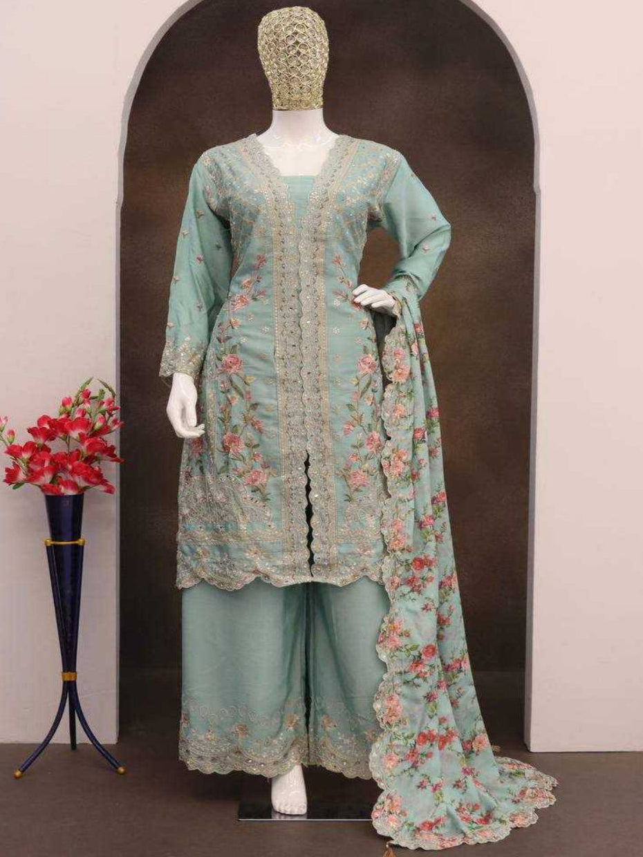 YNF Stitched Real Vichitra Silk Sequence Work Palazzo Suit with Embroidered Dupatta